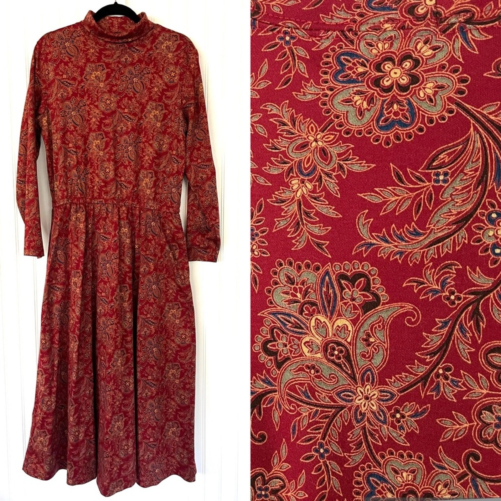 Vintage 90s Land's End Holiday Turtleneck Dress Maroon Paisley Thick Cotton 14